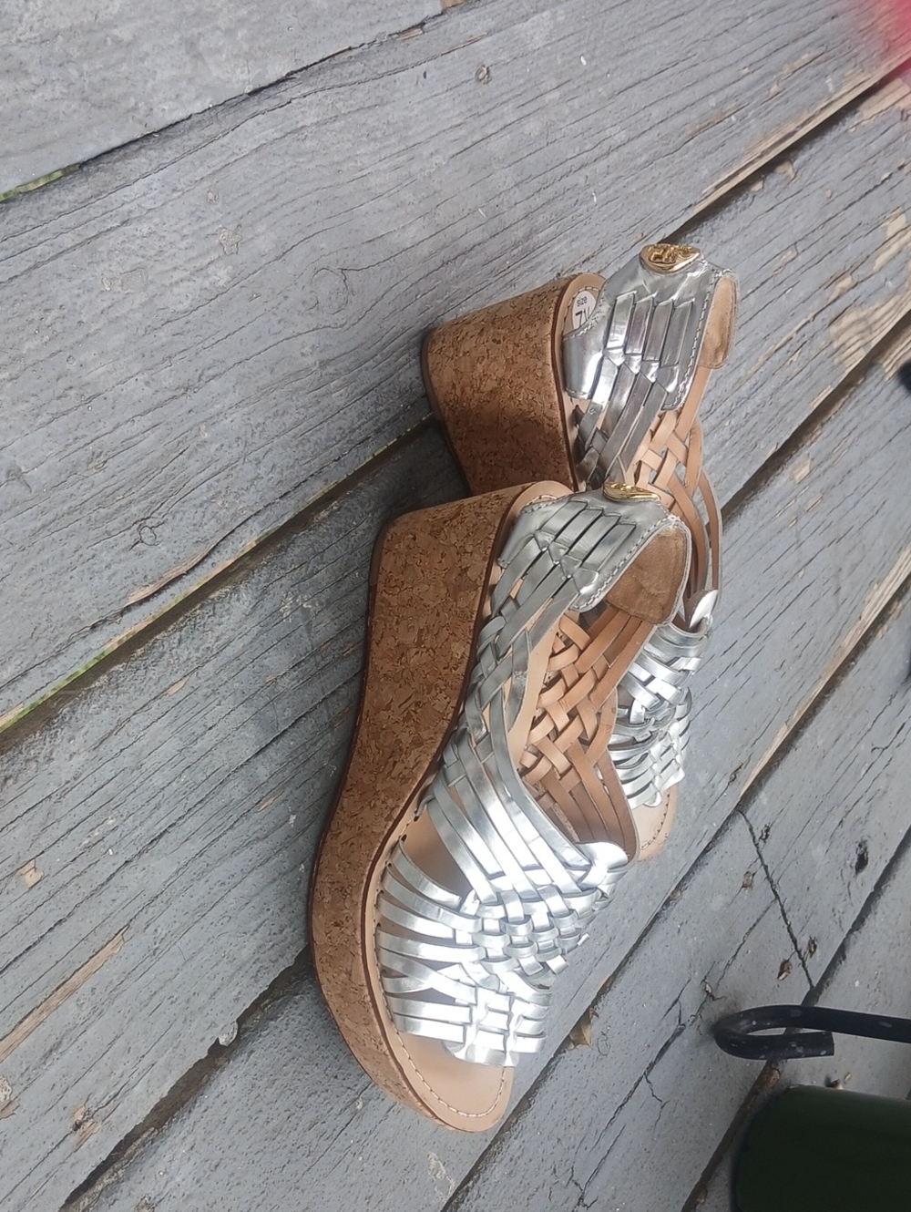 Tory Burch Silver Woven Cork Wedge Sandals